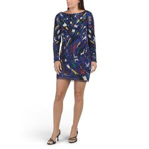 LIV FOSTER Blue Multi Long Sleeve Embellished Mini Dress